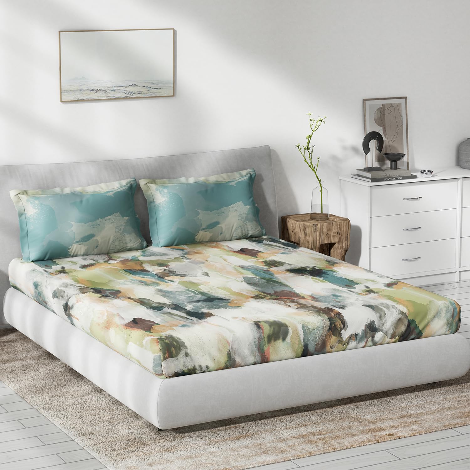DDECOR - Primary Collection 100% Cotton Abstract Pattern 145TC King Bedsheet |229 CM X 274 CM| with 2 Pillow Covers - Green