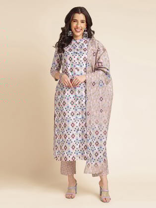 Multicolor Printed A-line Muslin Mandarin Neck Kurta Set-S