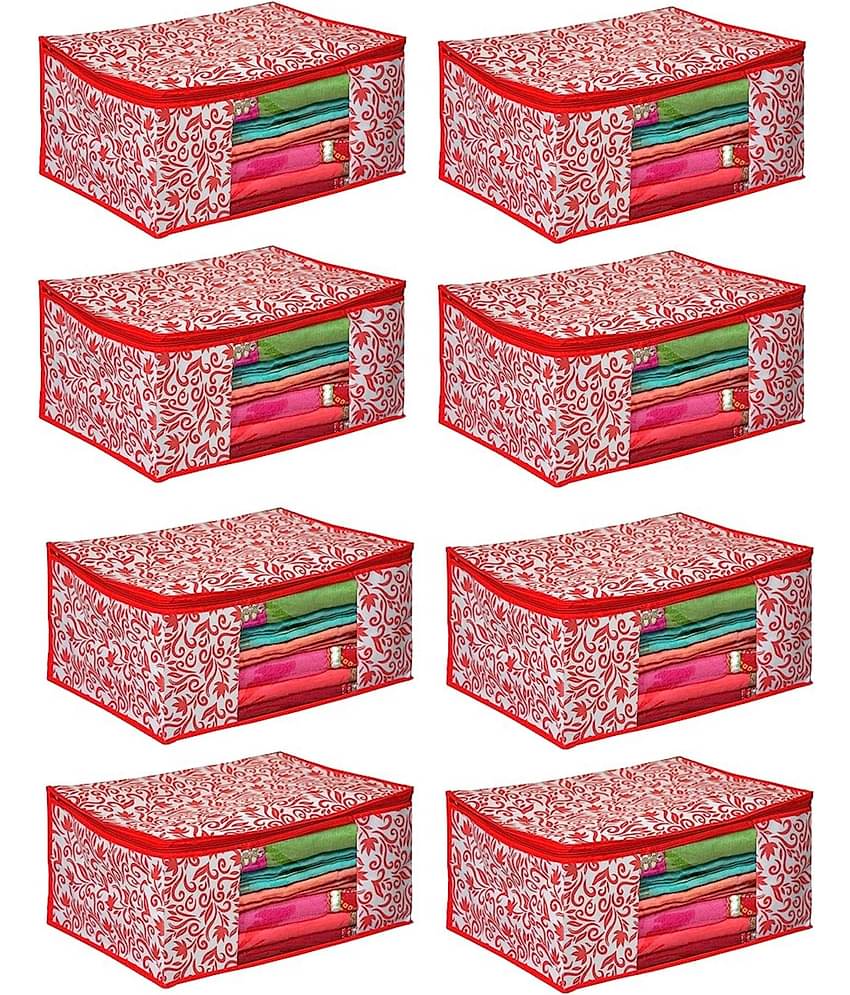 Non-Woven Saree Cover Cloth Storage & Organizer ( Pack of 8 ) Red Multi Saree Cover