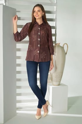 Earthy Elegance: Hand-Embroidered Brown Printed Shirt-M
