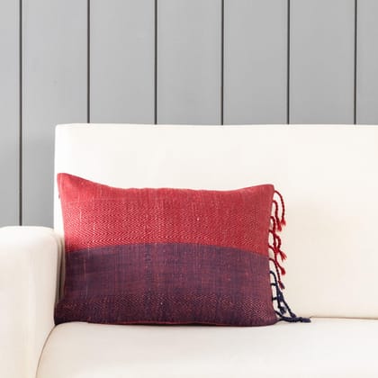 Handwoven Upcycled Red & Blue Wool & Oak Silk Cushion Cover - 12x18-Red / Blue / Wool & Oak Silk