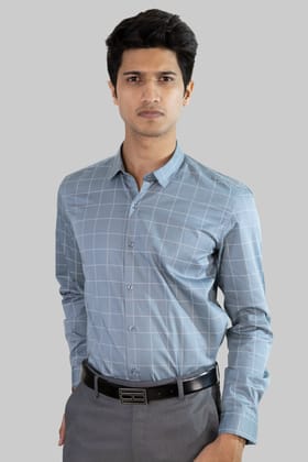 Satin Grid Shirt - Sky Blue-L