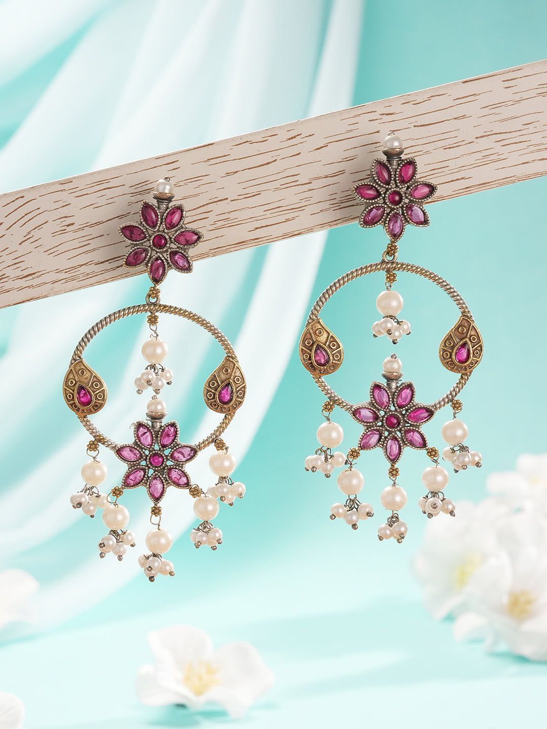 Antique Gold-Toned Pink Stones With Pearl Drop  Floral Hoop Contemporary  Earrings
