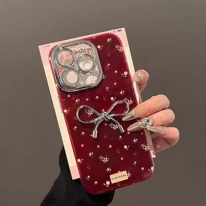 Red Small Floral Flower Silver Bow Glossy iPhone Hybrid Case-iPhone 14