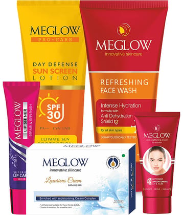 Meglow Complete Skincare Kit For Women- Summer Edition | Luxurious Soap, Brightening Facewash & Face Cream Duo, SPF30 Lotion & Lip Balm | Soft Glow & UV Protection Daily