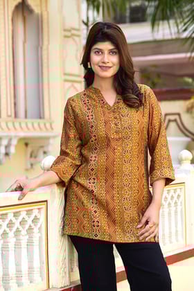 Foil Printed A Line Tunic Top-Mustard / S