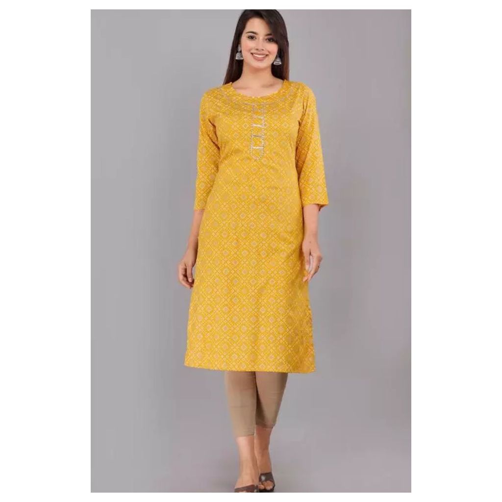 kurti for woman" Straight Printed Cotton Rayon Single Kurti Kurta. ( Yellow ) - Kurtas & Kurta Sets | Buy online on ZillyBuy