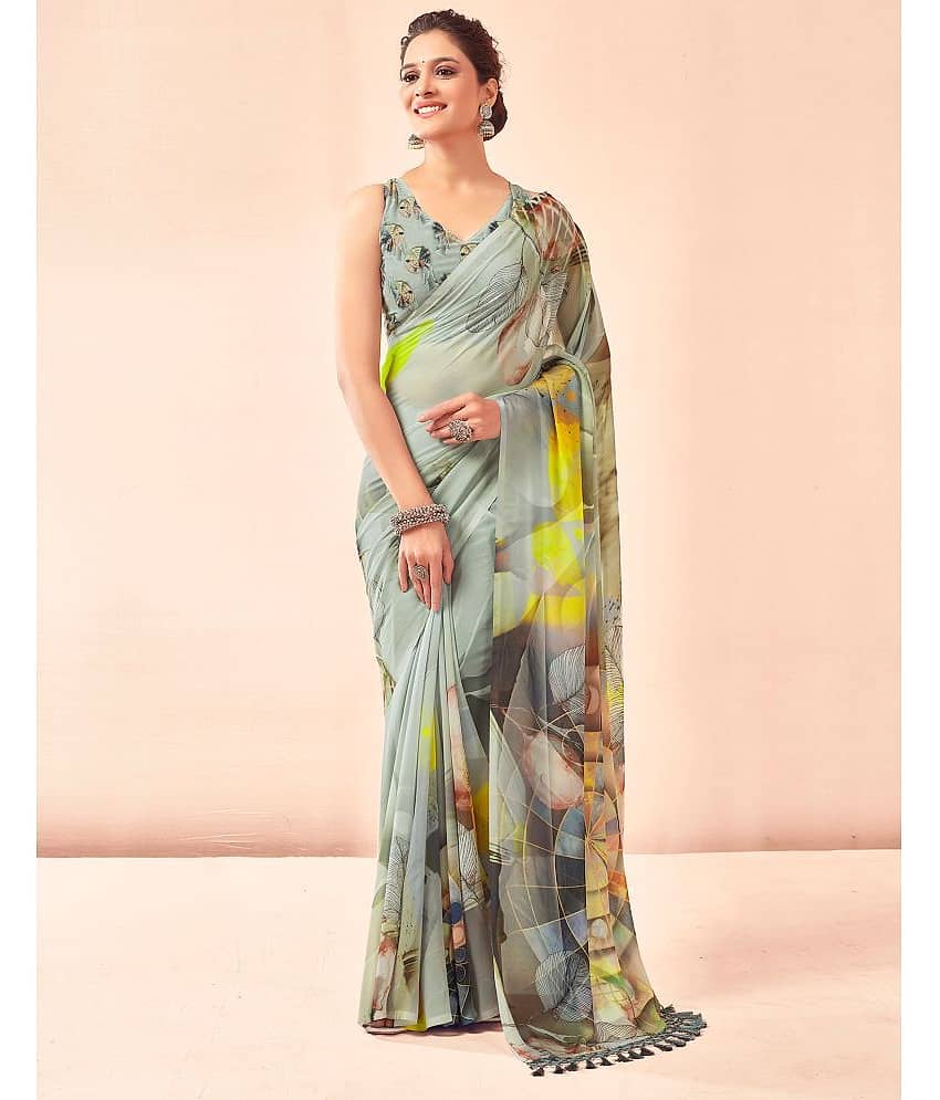 Samah Georgette Printed Saree With Unstitched Blouse Piece ( Blue )