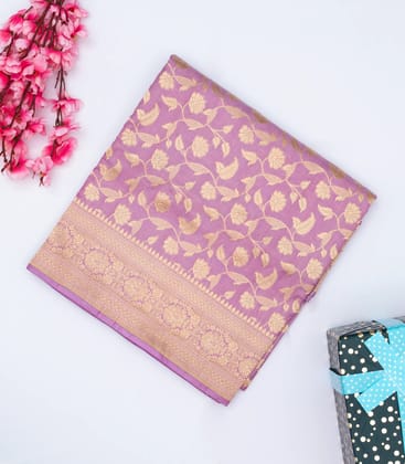 Lavender Handloom Banarasi Silk Saree With Floral Vine Motifs-Lavander