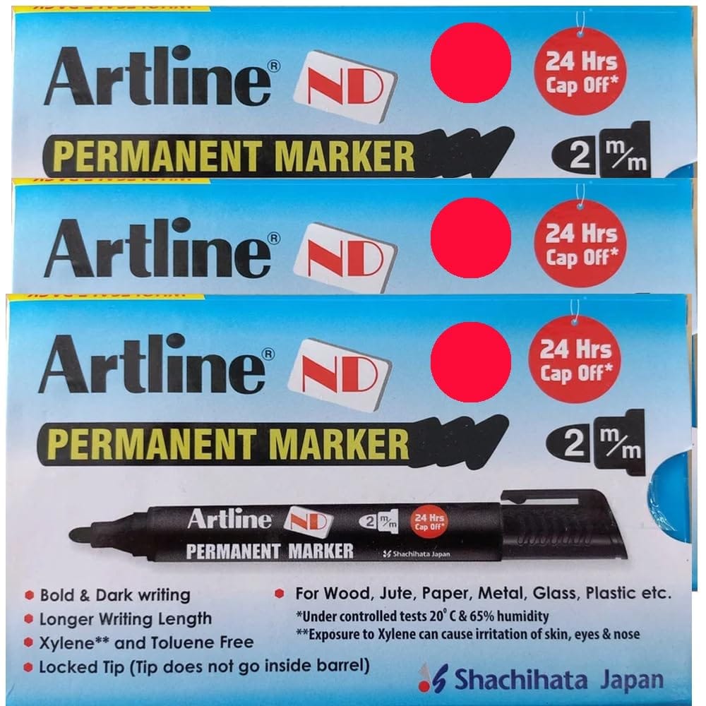 Artline ND Permanent Marker Pack of 10 (Red Colour) X 3 Packs | For Writing On Various Surfaces Such As Paper, Cardboard, Plastic, Metal, Glass, & More