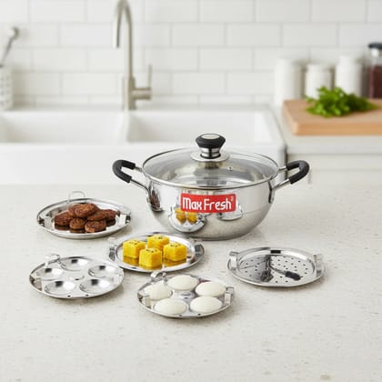 Premium Stainless steel mini multi kadai with Glass Lid Idli/ Momo Maker/ Veg Steaming Set/ Dhokla, 5 Plates,