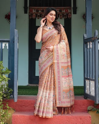 Warm Gold Pure Linen Cotton Handloom Printed Saree with Floral and Figurative Patterns, Golden Zari Weave, Tassels, and Slub Texture-Regular
