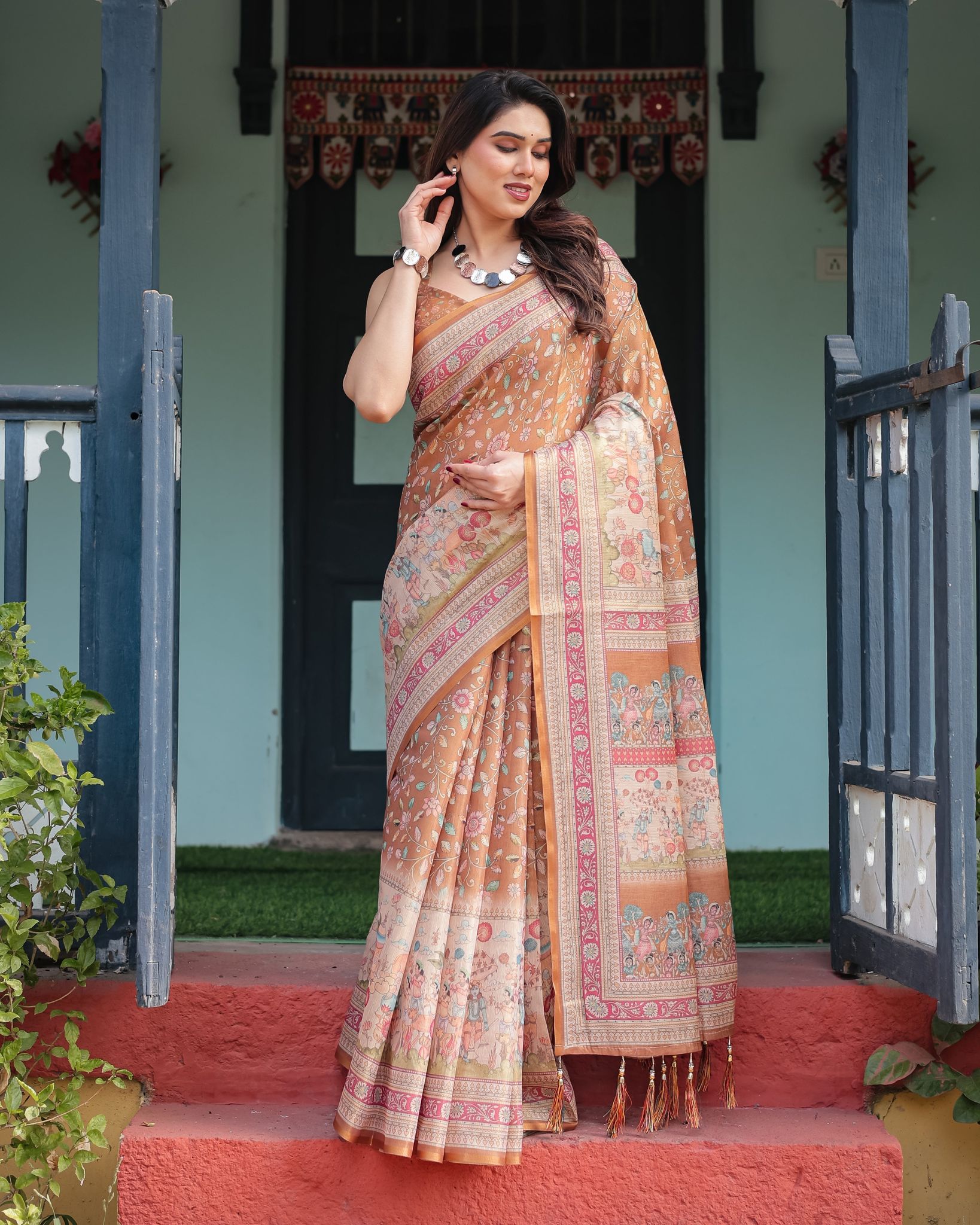 Warm Gold Pure Linen Cotton Handloom Printed Saree with Floral and Figurative Patterns, Golden Zari Weave, Tassels, and Slub Texture-Regular