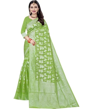 Vkaran Cotton Woven Saree With Unstitched Blouse Piece ( Light Green )