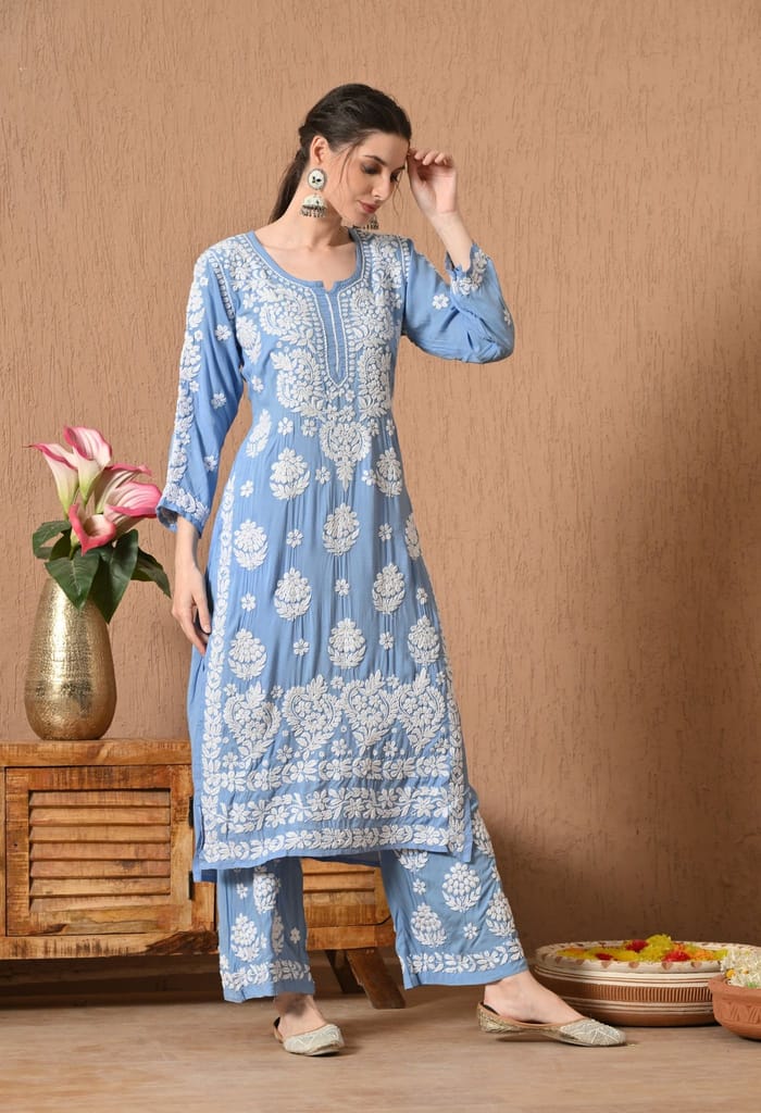 Hand Embroidered Chikankari Modal Plazo Set with 3D Work – Ethnic Wear Powder Blue