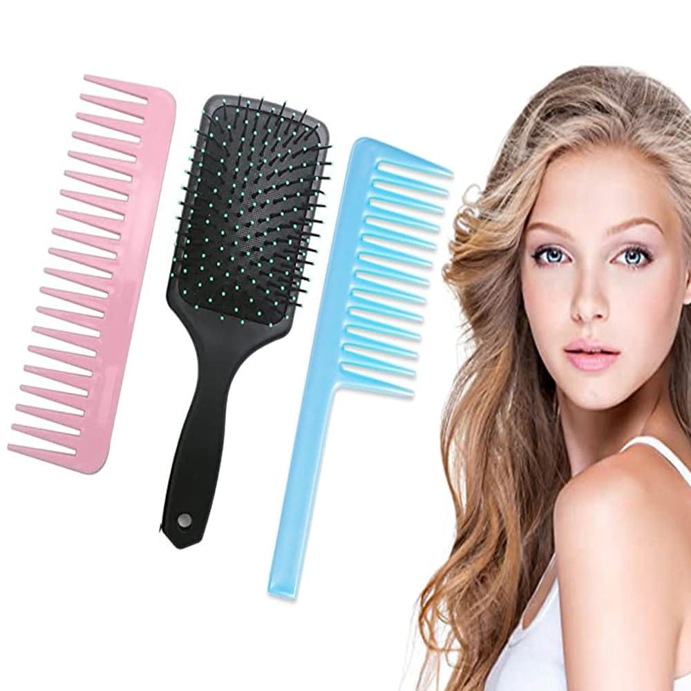 GITGRNTH Professional 3-Piece Hair Brush and Comb Set - Includes Paddle Brush, Fine Tooth Comb, and Wide Tooth Comb - Detangling, Smoothing & Styling for All Hair Types - Ideal for Home & Salon Use (3 Pieces [Paddle + Shampoo + Handle]) GITGRNTH Professi