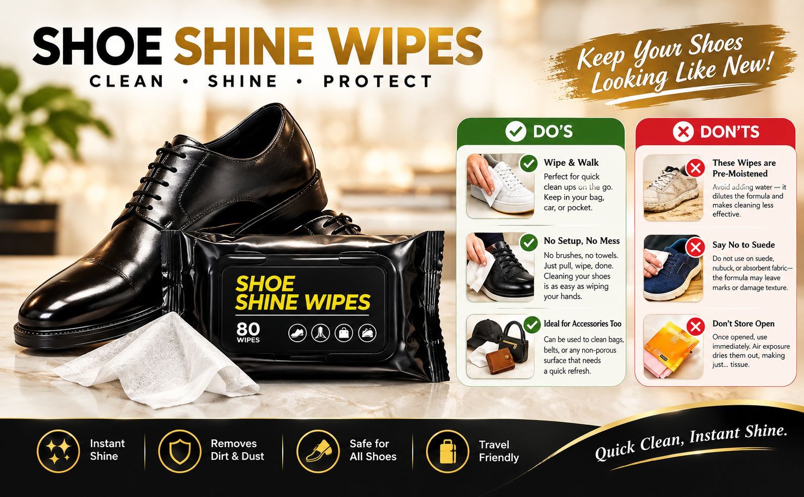 Shoe Cleaning Wipes | Instant Shoe Cleaner & Shine Wipes | Pre-Moistened Cleaning Wipes for Shoes & Accessories
