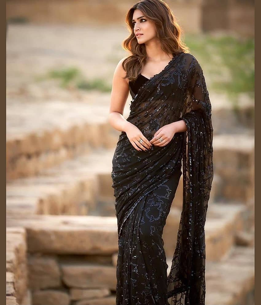 Sidhidata Georgette Embellished Saree With Unstitched Blouse Piece ( Black )