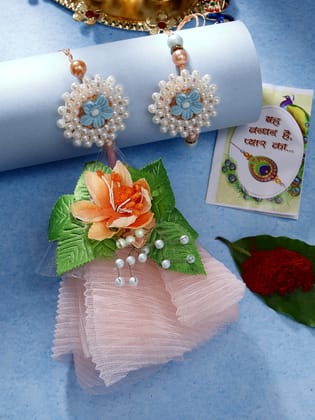NVR Unisex Set of 2 Peach Floral Design Pearl Beaded Bhaiya Bhabi Rakhi With Roli Chawal-Freesize / Peach / Alloy