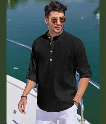 Eyebogler Linen Regular Fit Solids Rollup Sleeves Men's Casual Shirt - Black ( Pack of 1 )