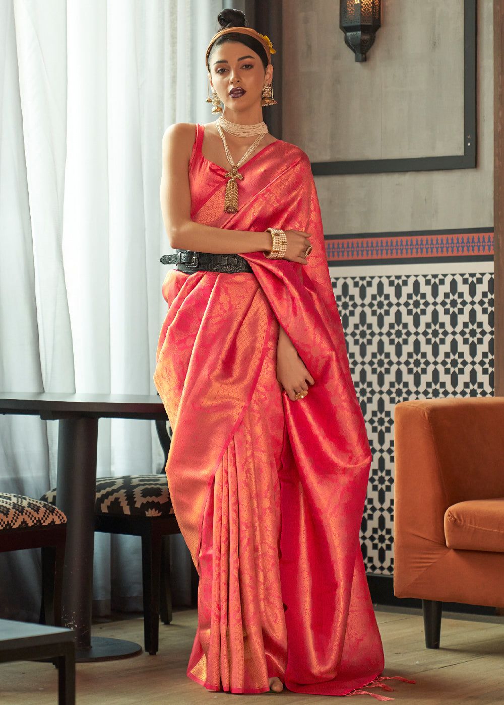 French Pink Woven Banarasi Brocade Silk Saree
