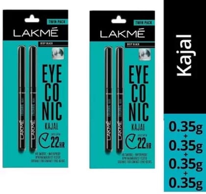 Lakmé Eyeconic Kajal Twin Pack (Deep Black, Matte Finish, 1.4 g), Pack of 2