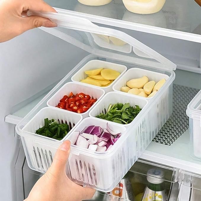 6 Compartment Refrigerator Storage Box for Vegetables, Fruits and Snacks, Fridge Storage Container for Chopped Vegetables, Multi Section Food Organizer, Kitchen Refrigerator Organizer Box
