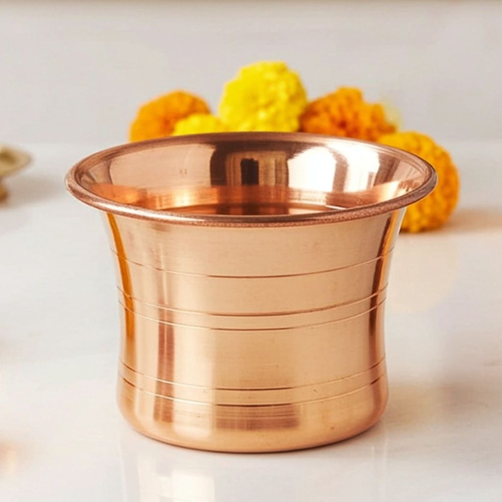 Copper Achmani Panchpatra ? Traditional Pooja Water Vessel, Height : 2.5 Inch (ZMAS305 D)