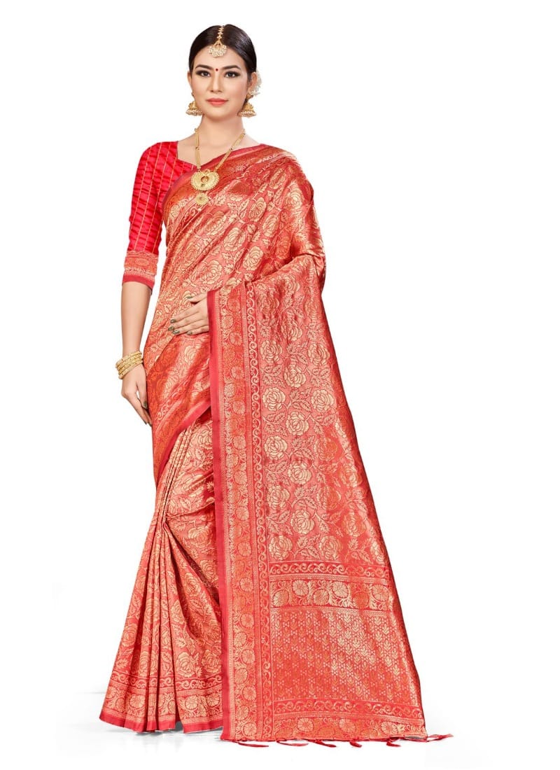 Generic Women's Banarasi Silk Saree (Peach,5-6  Mtr)