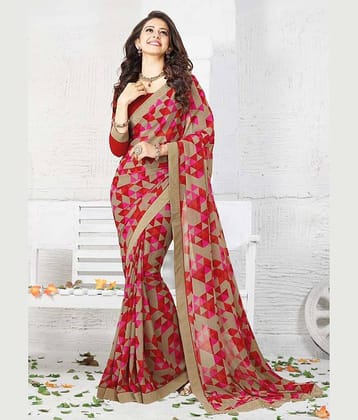 Gazal Fashions Chiffon Printed Saree With Unstitched Blouse Piece ( Beige,Pink,Red )