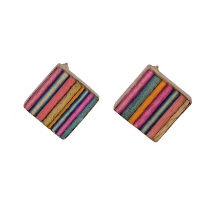 Handcrafted Multicolored Brass Wood Square Stud Earring