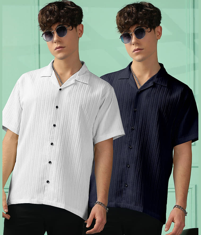 Urban Buccachi Polyester Regular Fit Popcorn Textured Half Sleeves Men's Casual Shirt - Navy ( Pack of 2 )