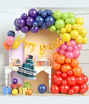 Happy Birthday Banner Cursive (Golden) + 30 Metallic Balloons (Golden) + 1 Mini Foil Cake (Blue) for Birthday Decoration set, Birthday Kit, Birthday Decoration items, Birthday Balloon, Boy,Girls, Husband, Wife.