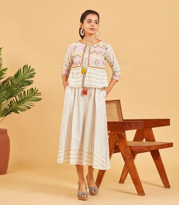 White Geometric Printed Dress With Overcoat-L / White