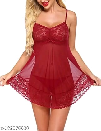 Women's Blended Solid Midi Babydoll Honeymoon Nightwear Sexy Nighty Dress