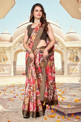 TheHangr Women's Multicolor Flower Print Linen Saree With Brown Border And Running Pallu