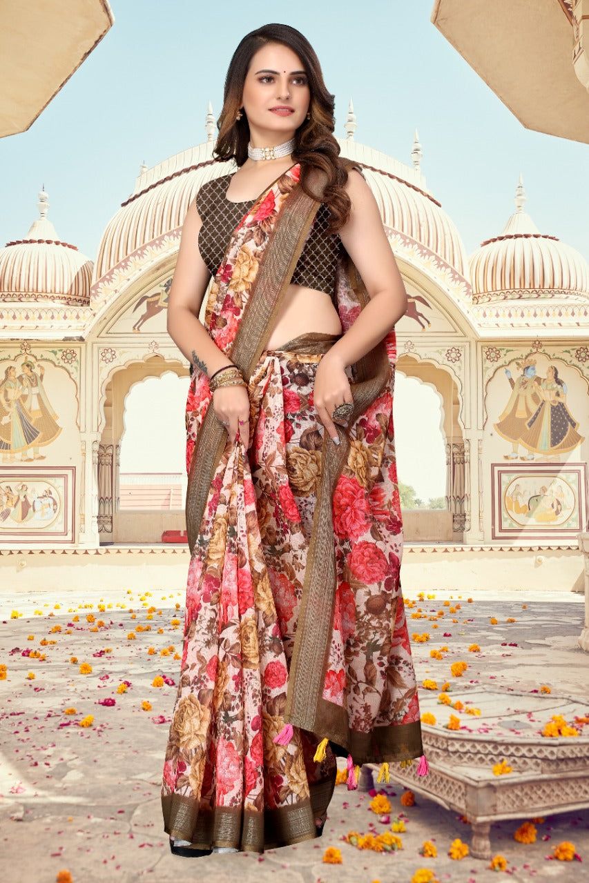 TheHangr Women's Multicolor Flower Print Linen Saree With Brown Border And Running Pallu