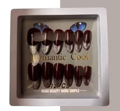 Kozykit Maroon & Half Silver Glitter Press-On Nails Set for Women | Glossy Artificial Fake Nail Extensions | Half Silver Glitter Design | Reusable Stick-On Nails with Free Nail Kit