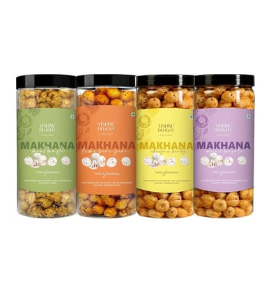 Vishnu Delight Organic Makhana Combo Pack - 4 of 90g Each flavor - Mint Masti, Fiery Peri Peri, Cheese N Herbs, Magic Masala - Crunchy, Deliciously, and Full of Flavorful Indian Spices Snacks