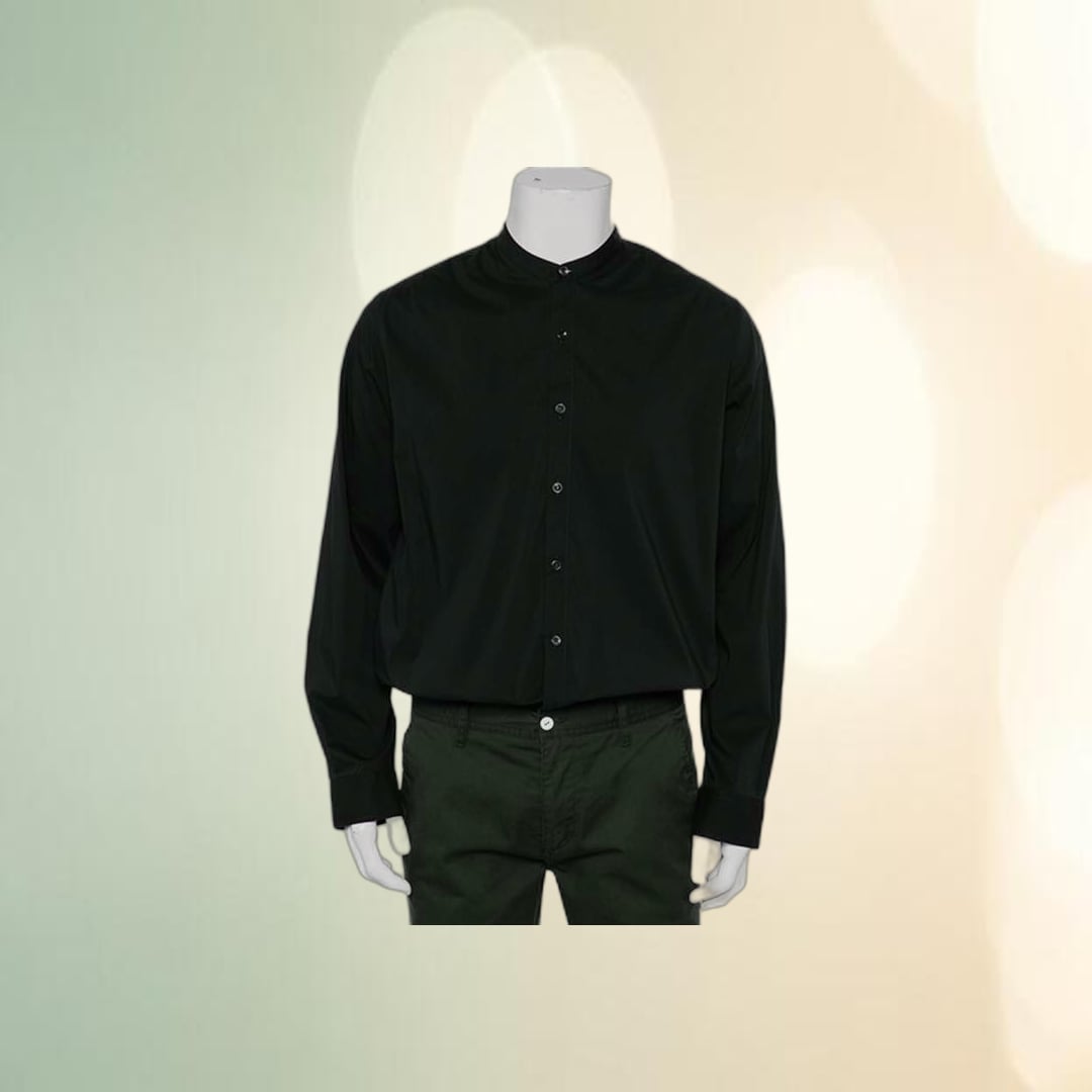 Men's Solid Black Mandarin Collar Cotton Shirt | Minimalist Style | Casual & Semi-Formal