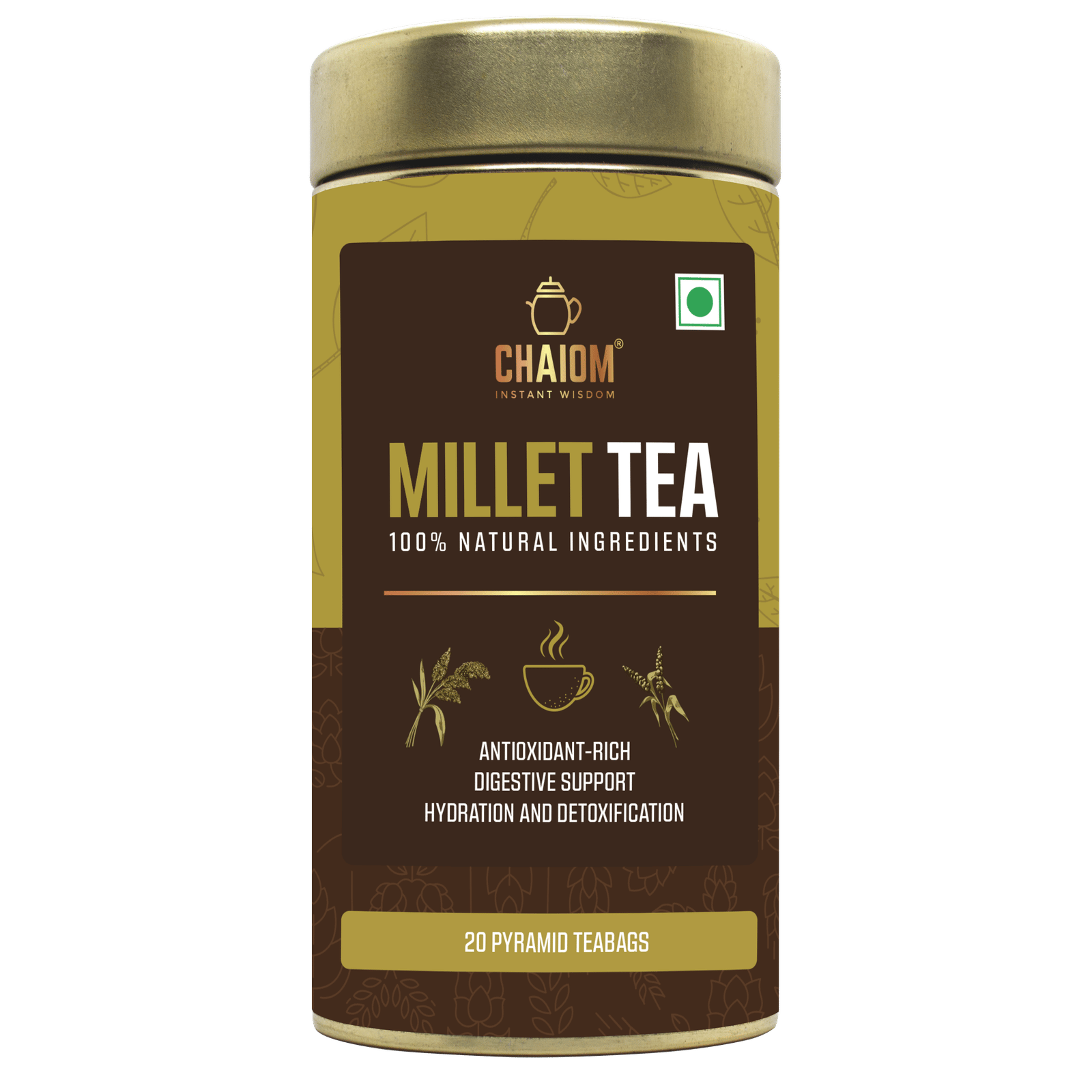 Energizing Millet Tea Blend with Green Tea and Ayurvedic Herbs - 20 Pyramid tea bags