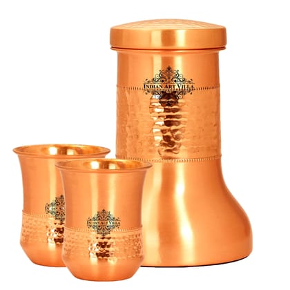 Copper Designer Hammered & Smooth Bedroom Bottle With Copper Glasses,Drinkware, Diwali Anniversary Party Christmas Gift Set-3