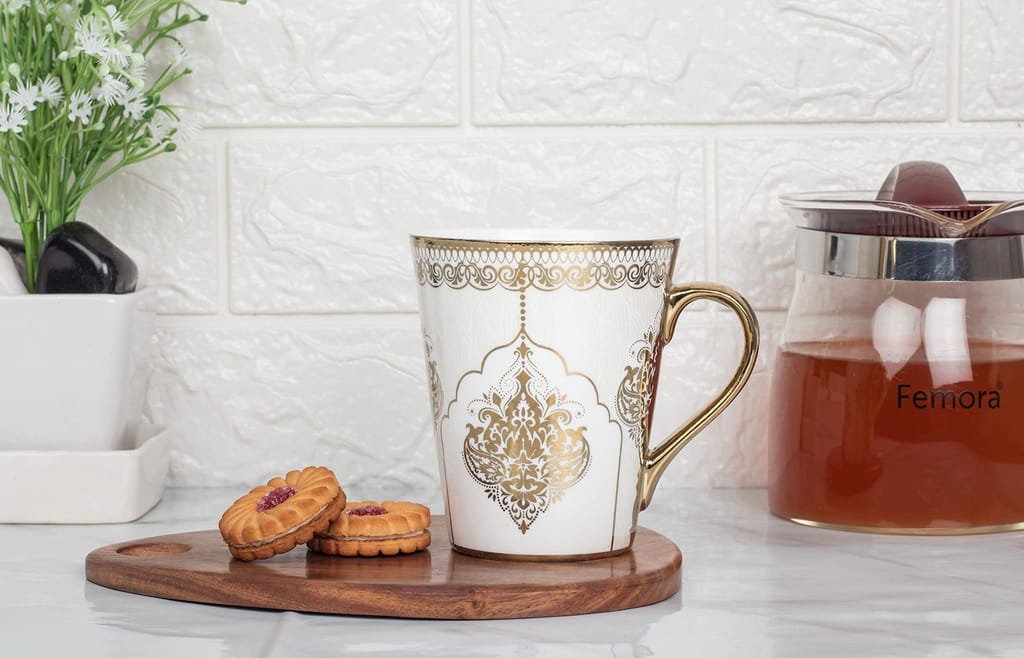 Femora Heritage Gold Coffee Mug Milk Mug - 330 ML, Set of 3 (Not Microwave Safe)