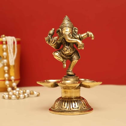 Brass Super Fine Dancing Ganesha Five Oil Wick Diya - 5.5 inch Height