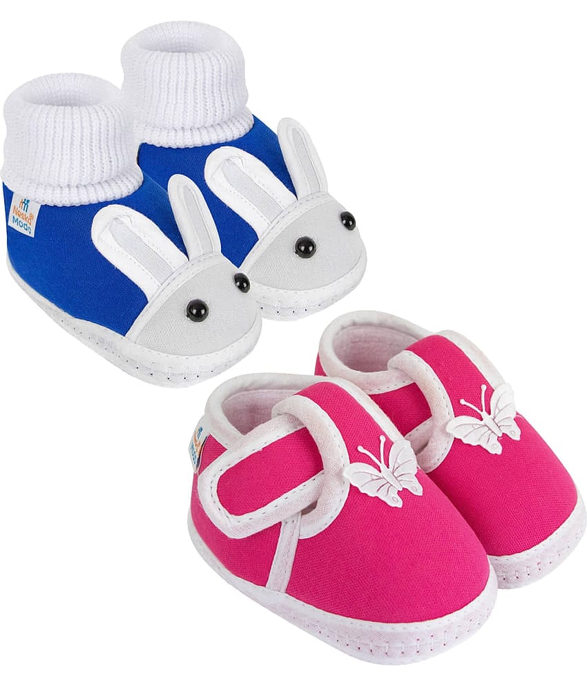 Neska Moda Set of 2 Pair Baby Boys & Baby Girls Cotton Booties For 0 to 6 Months (Blue,Pink)