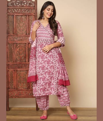 Vbuyz Cotton Printed Kurti With Pants Women's Stitched Salwar Suit - Pink ( Pack of 1 )