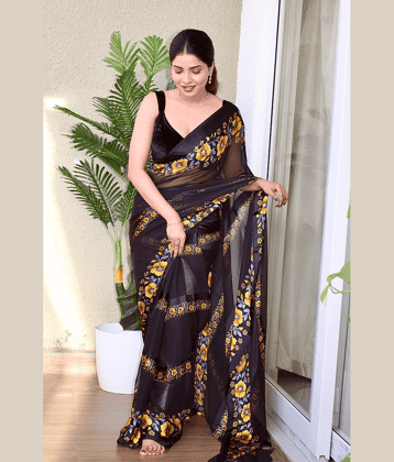 Sanwariya Silks Georgette Printed Saree With Unstitched Blouse Piece ( Yellow1 )