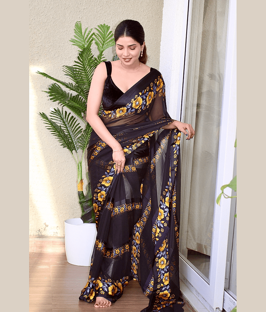 Sanwariya Silks Georgette Printed Saree With Unstitched Blouse Piece ( Yellow1 )