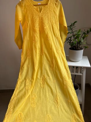 Mul Cotton Chikankari Kurti - Yellow-Yellow / cotton / XS
