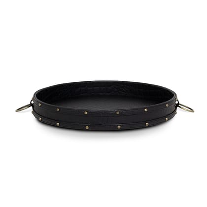 Eden Round Tray In Genuine Croco Leather Black-Black